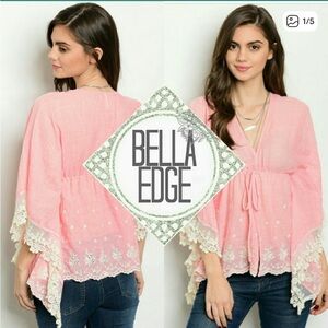 Pink and Cream Lace Bell Sleeve Tie Front Top